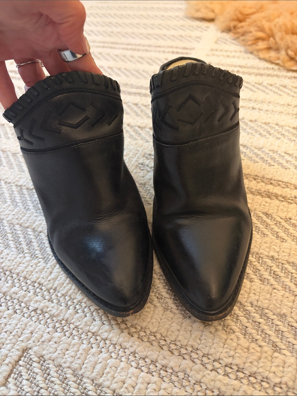 Chinese Laundry Black Leather Pointed Toe Mules with Decorative Cuff